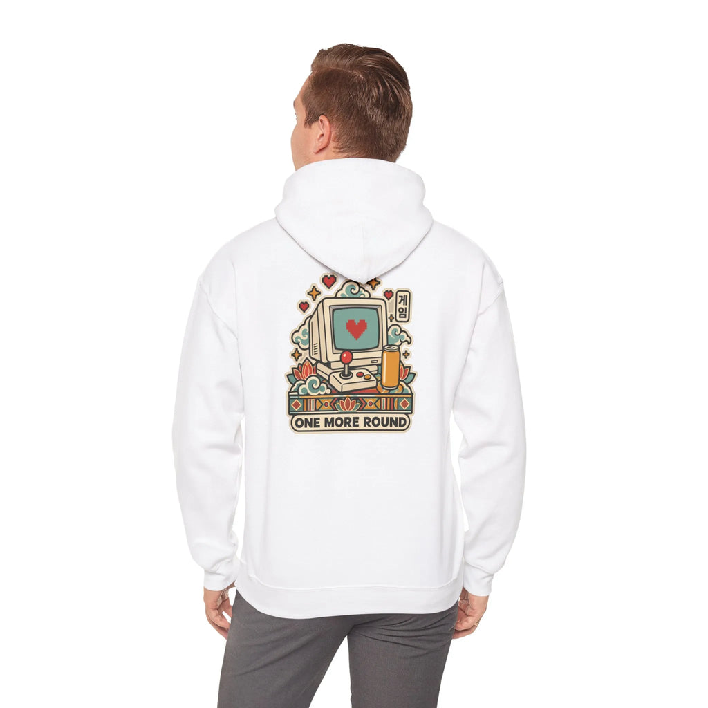 Back view of an off-white hoodie with a late-night gaming graphic, worn by a man