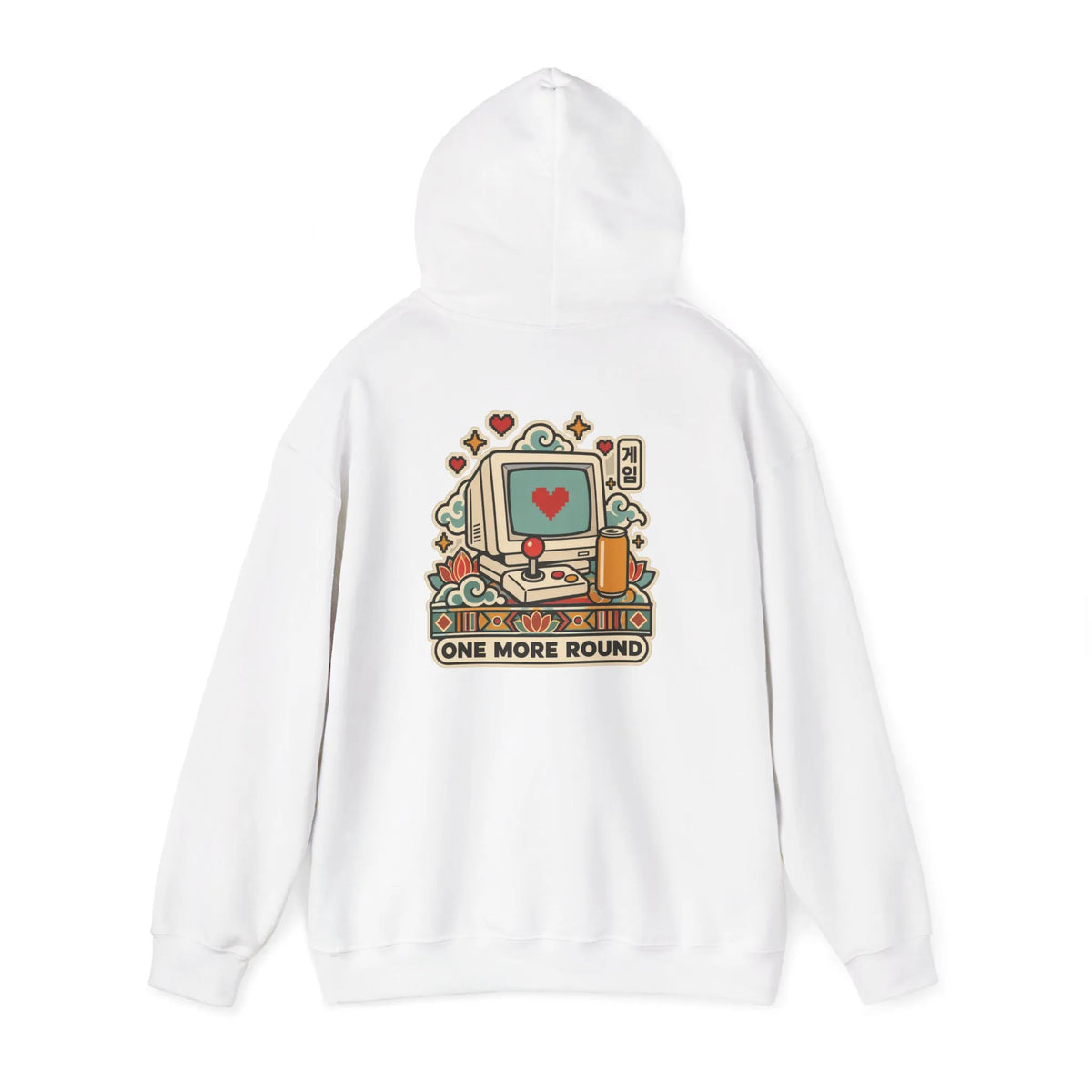 Off-white hoodie with a late-night gaming graphic on the back