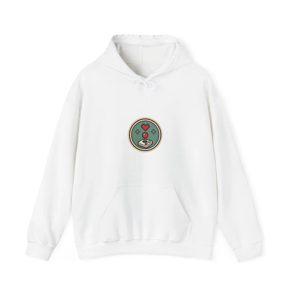 Front of an off-white hoodie with a small round gaming badge