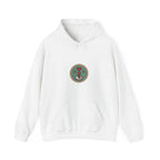 Front of an off-white hoodie with a small round gaming badge