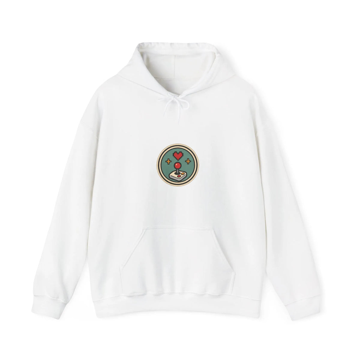 Front of an off-white hoodie with a small round gaming badge