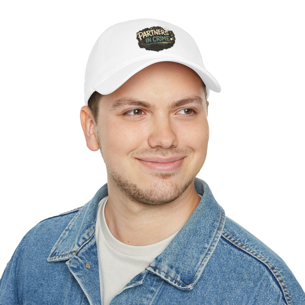 Model wearing Partners in Crime rakhi cap, front view, white