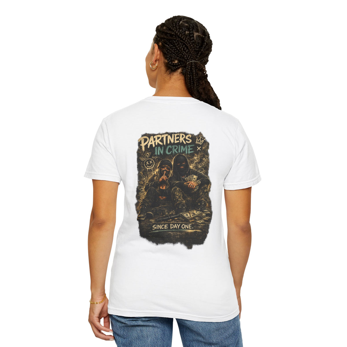 Partners in Crime Tee – Wear Pardesi Certified Chaos streetwear tee back graphic on model, white colorway