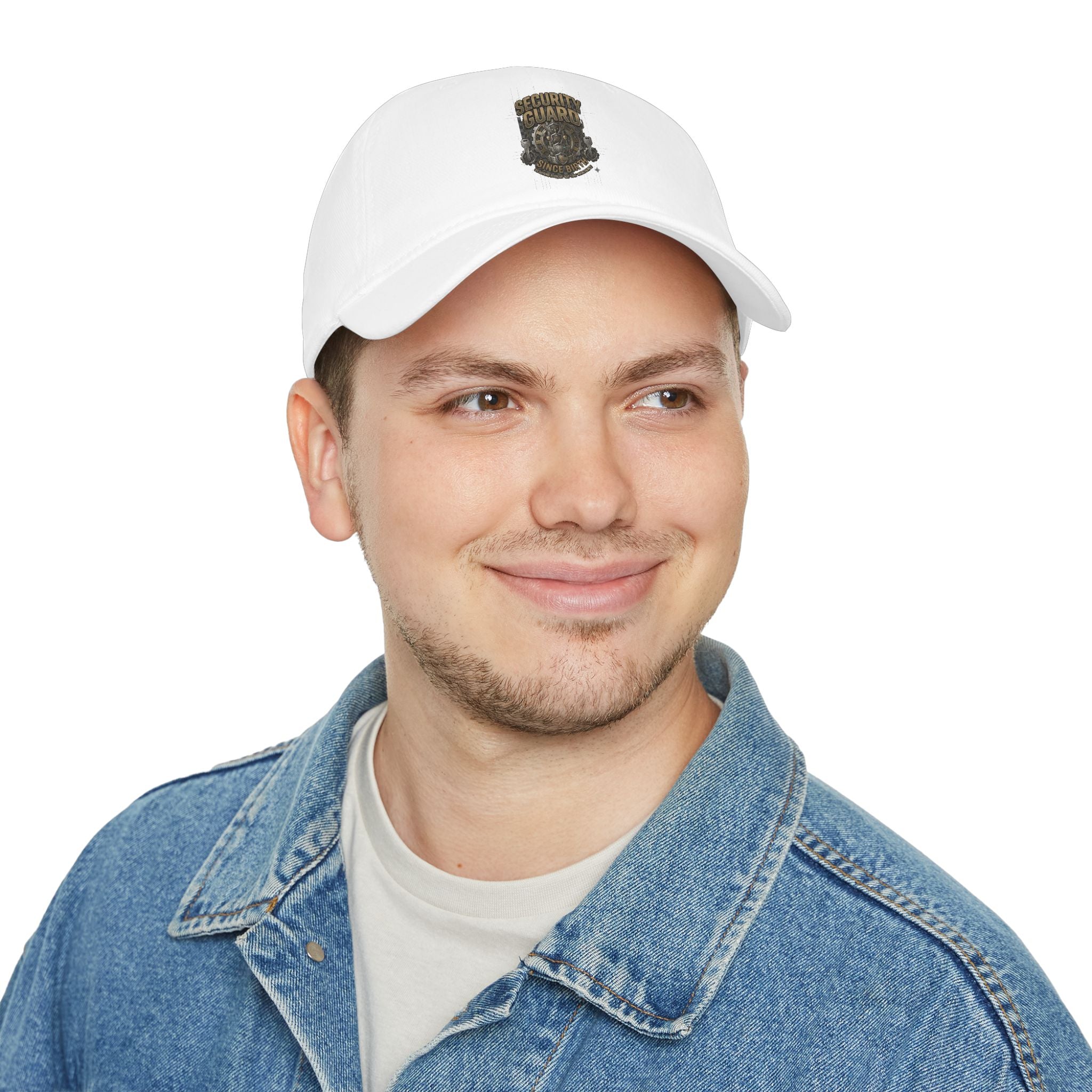 Model wearing Security Guard rakhi cap, close-up, white