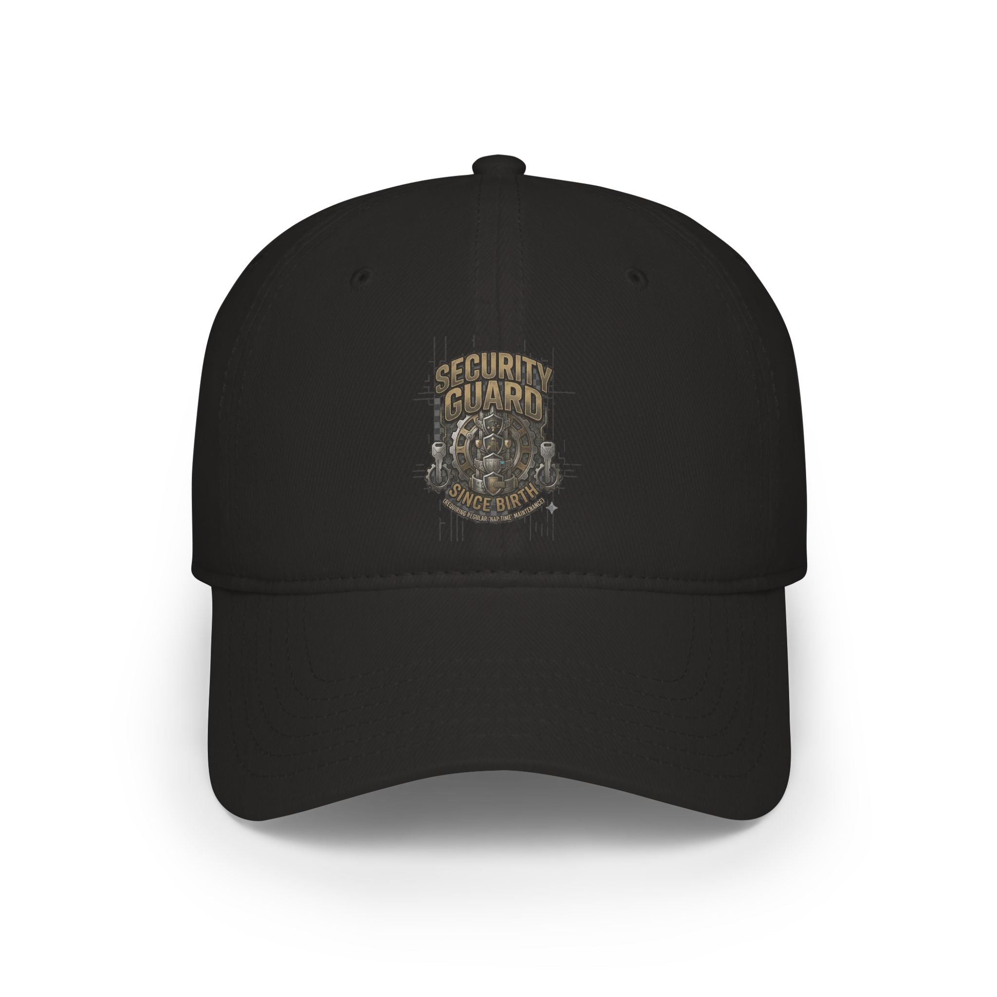 Model wearing Security Guard rakhi cap, front view, black