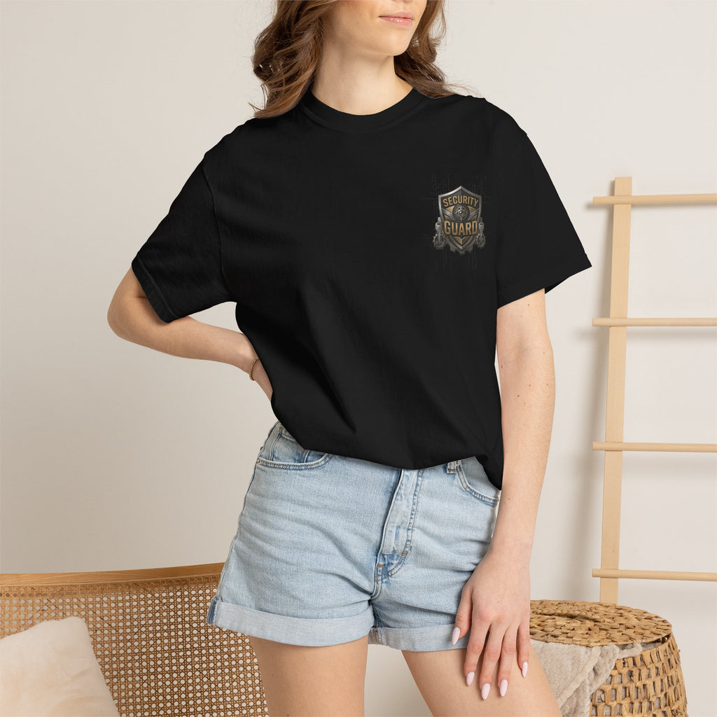 Model wearing Security Guard t-shirt, alternate angle, black