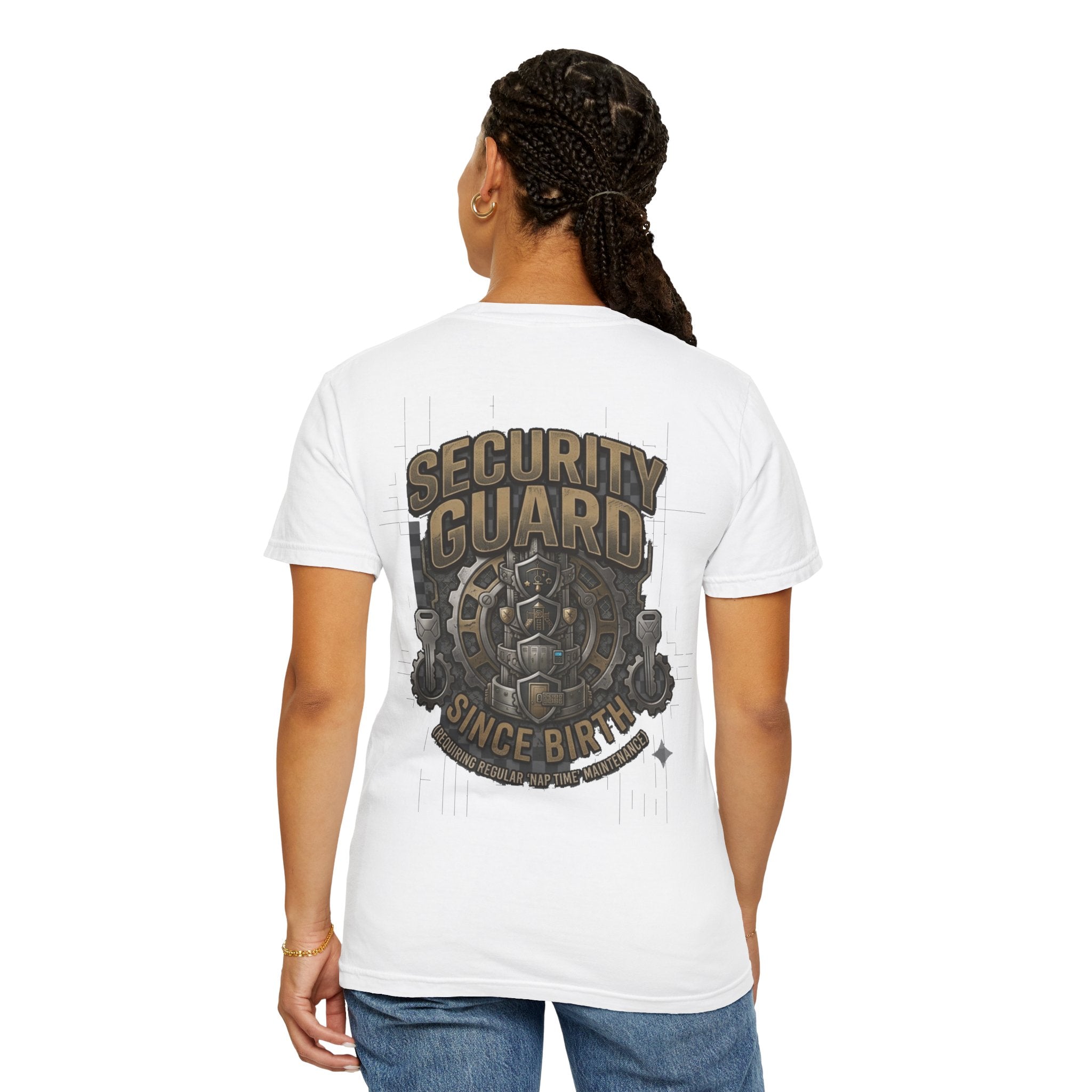 Security Guard funny rakhi tee, back view close-up, white