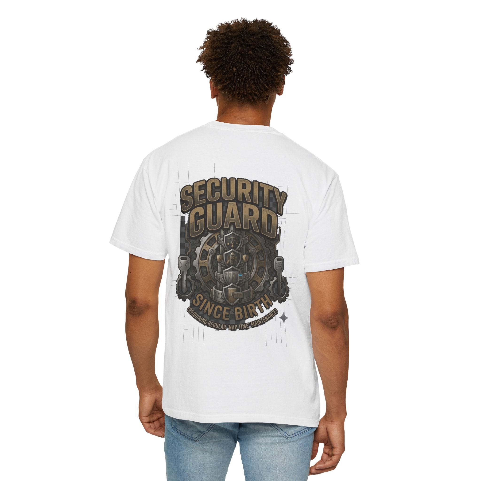 Security Guard raksha bandhan t-shirt, back view, black, close crop
