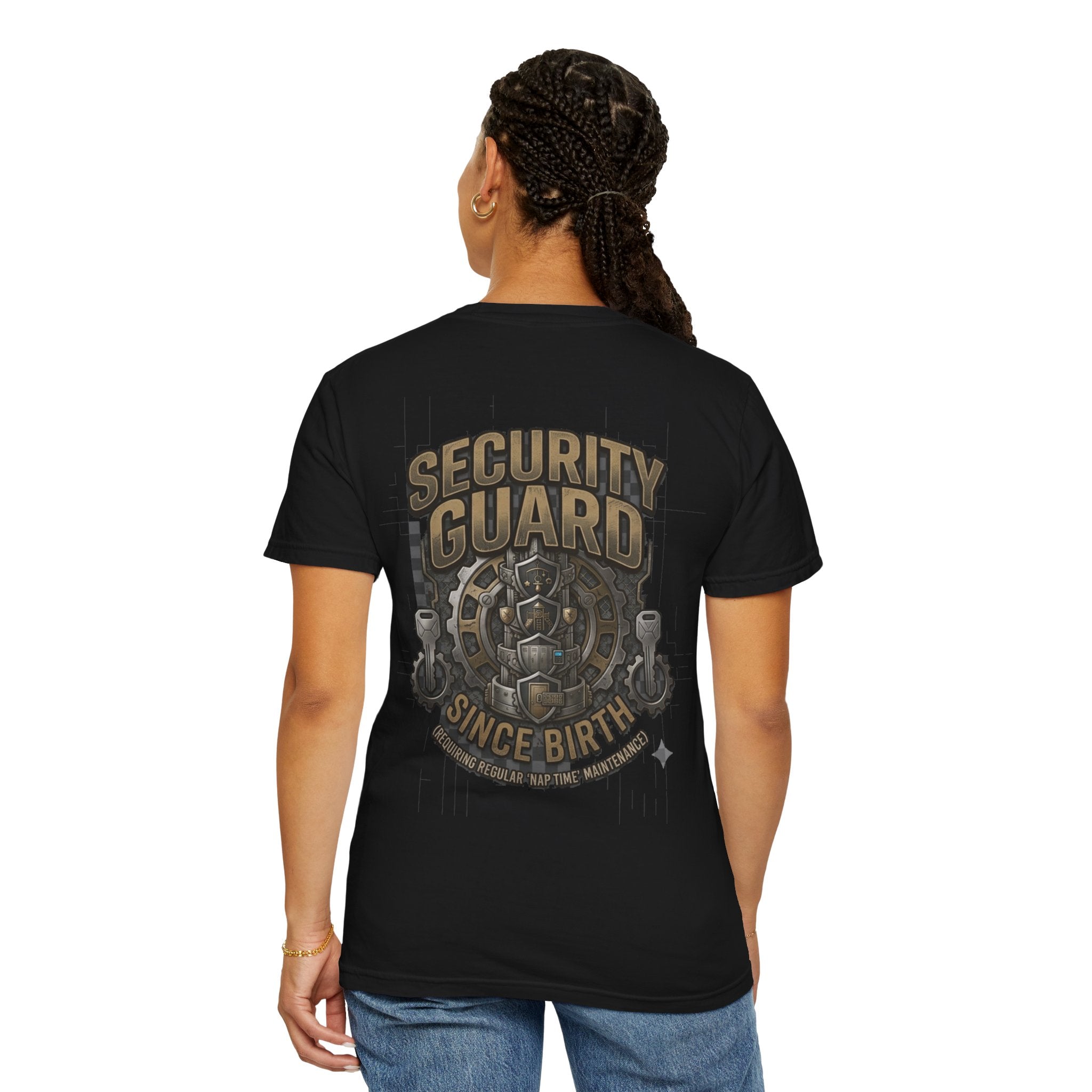 Model wearing Security Guard rakhi t-shirt, back angle, black