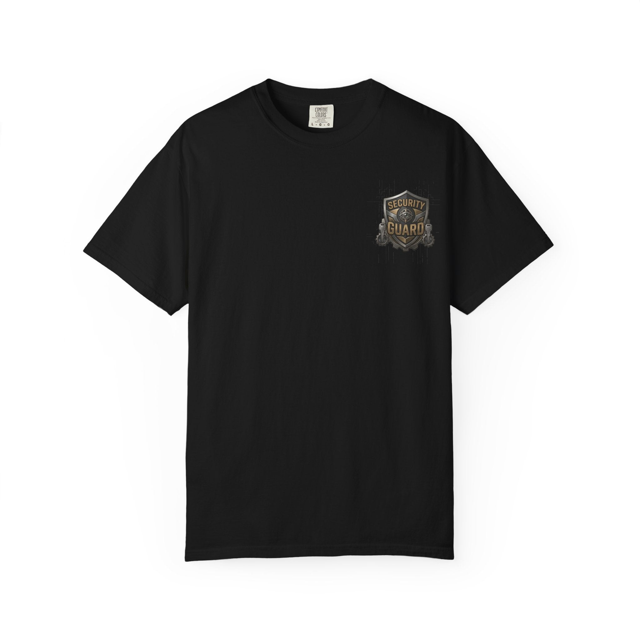 Close-up flat lay of Security Guard t-shirt design, black