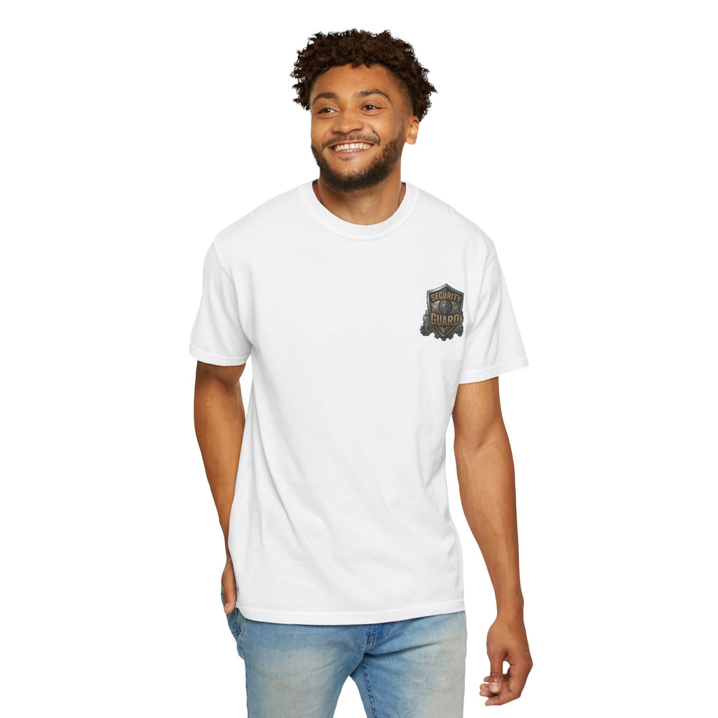 Model wearing Security Guard rakhi t-shirt, front view, white, standing