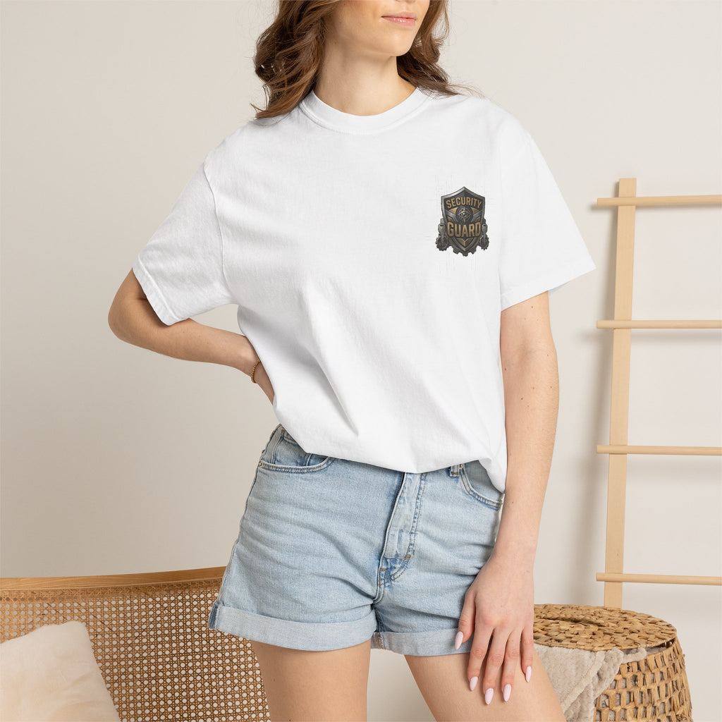 Model wearing Security Guard raksha bandhan t-shirt, standing, white