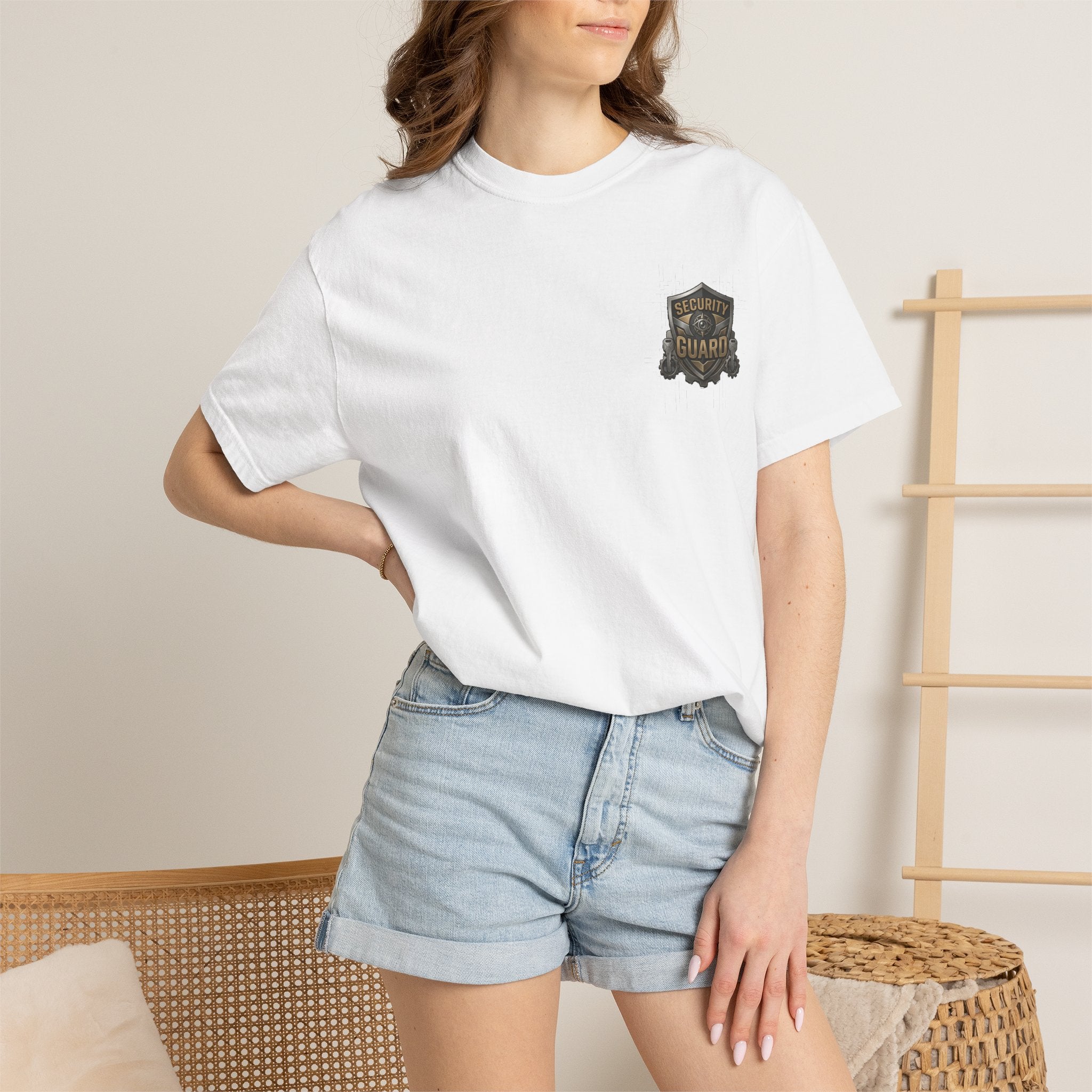 Model wearing Security Guard raksha bandhan t-shirt, standing, white