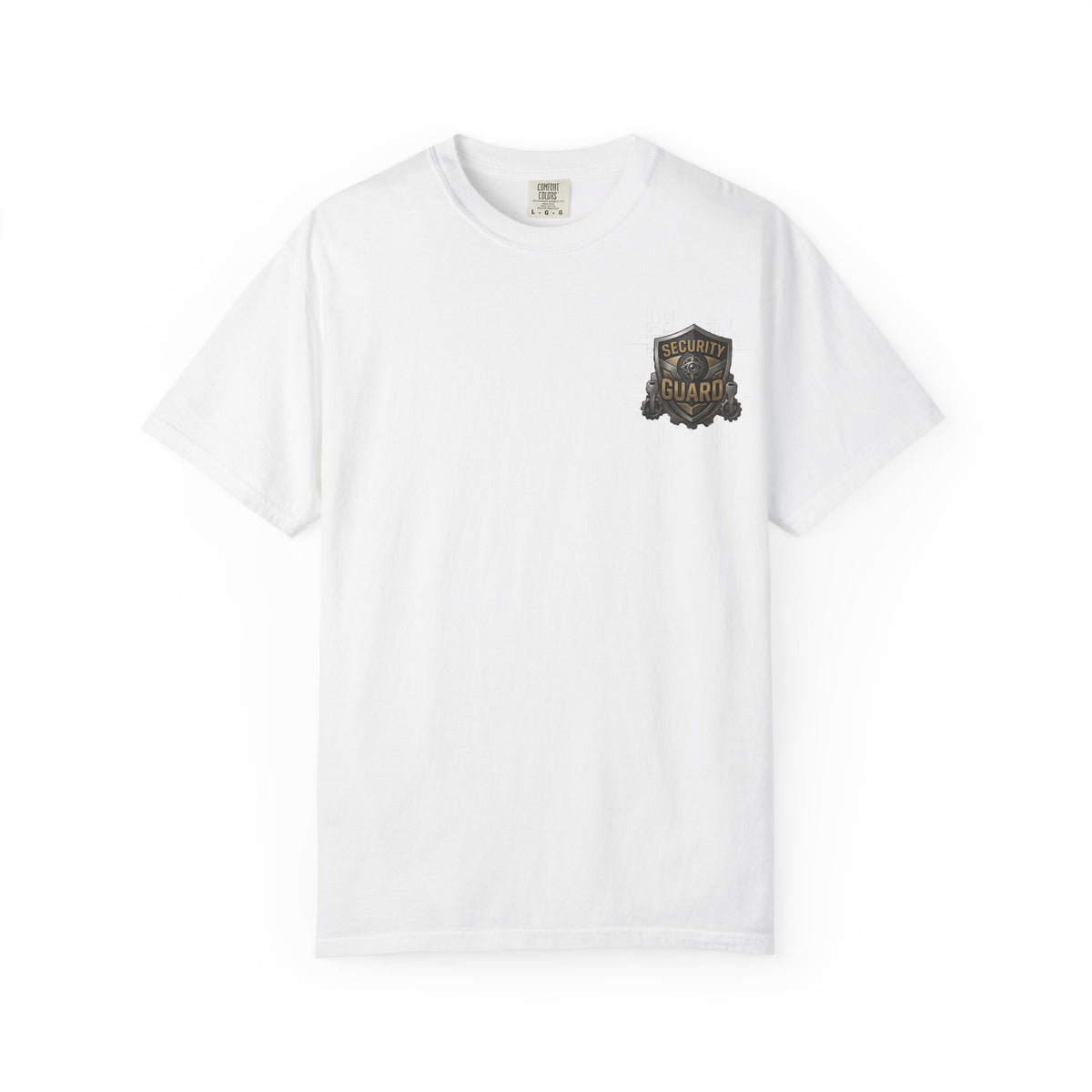 Security Guard Tee – Wear Pardesi Certified Chaos streetwear tee flat lay showing front chest print, white colorway