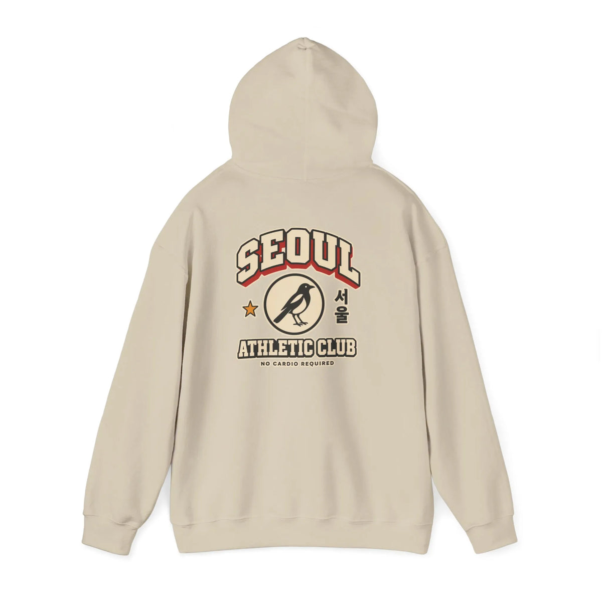 Beige hoodie with a varsity-style SEOUL athletic print on the back