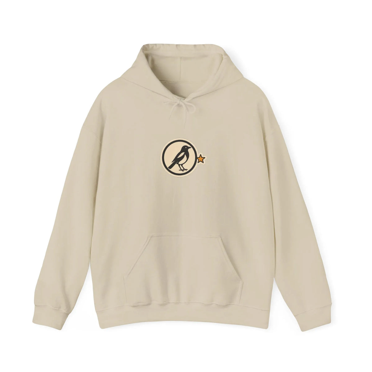 Front of a beige hoodie with a small round athletic badge