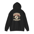 Black hoodie with a varsity-style SEOUL athletic print on the back