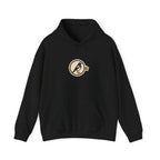 Front of a black hoodie with a small round athletic badge and kangaroo pocket