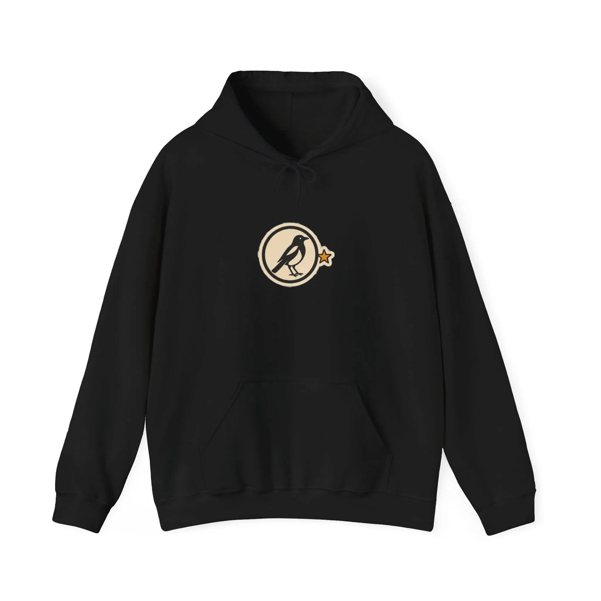 Front of a black hoodie with a small round athletic badge and kangaroo pocket