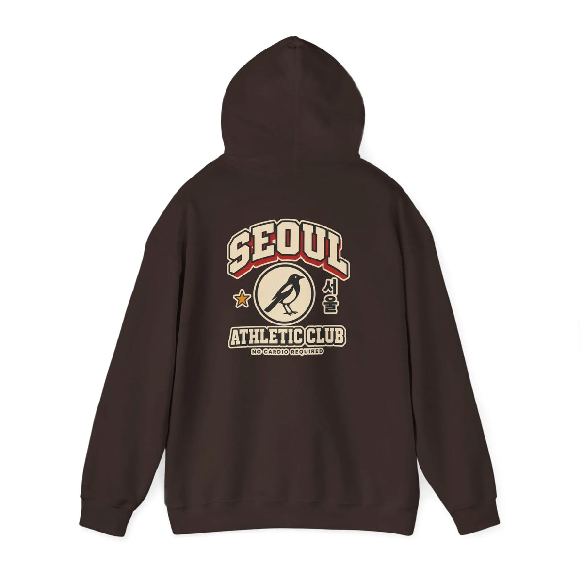 Coffee brown hoodie with a varsity-style SEOUL athletic print on the back
