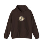 Front of a coffee brown hoodie with a small round athletic badge