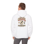 Back view of an off-white hoodie with a varsity-style SEOUL athletic print, worn by a man