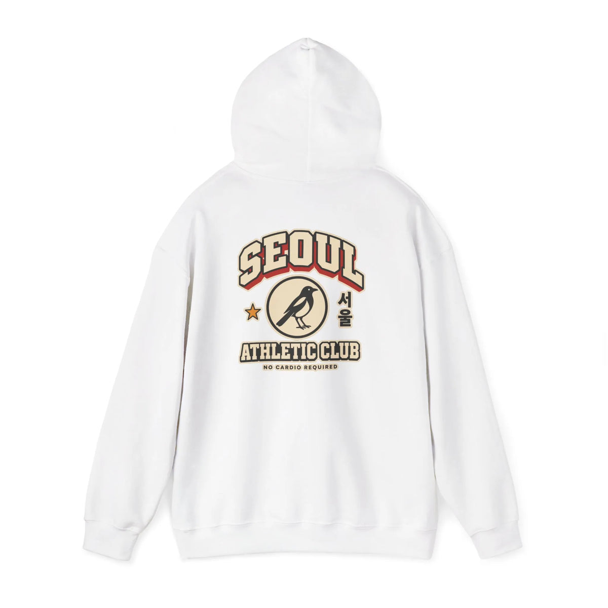 Off-white hoodie with a varsity-style SEOUL athletic print on the back