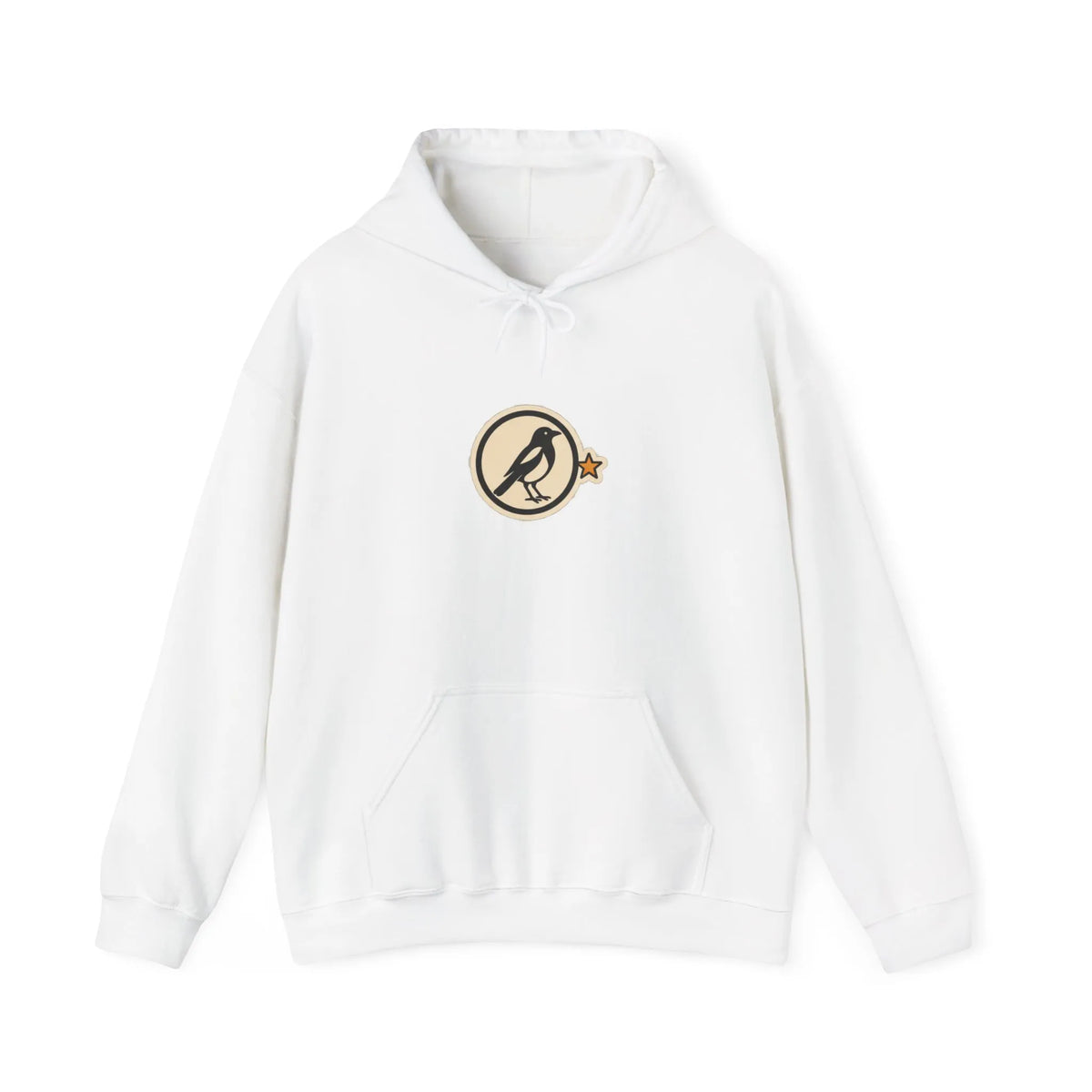 Front of an off-white hoodie with a small round athletic badge