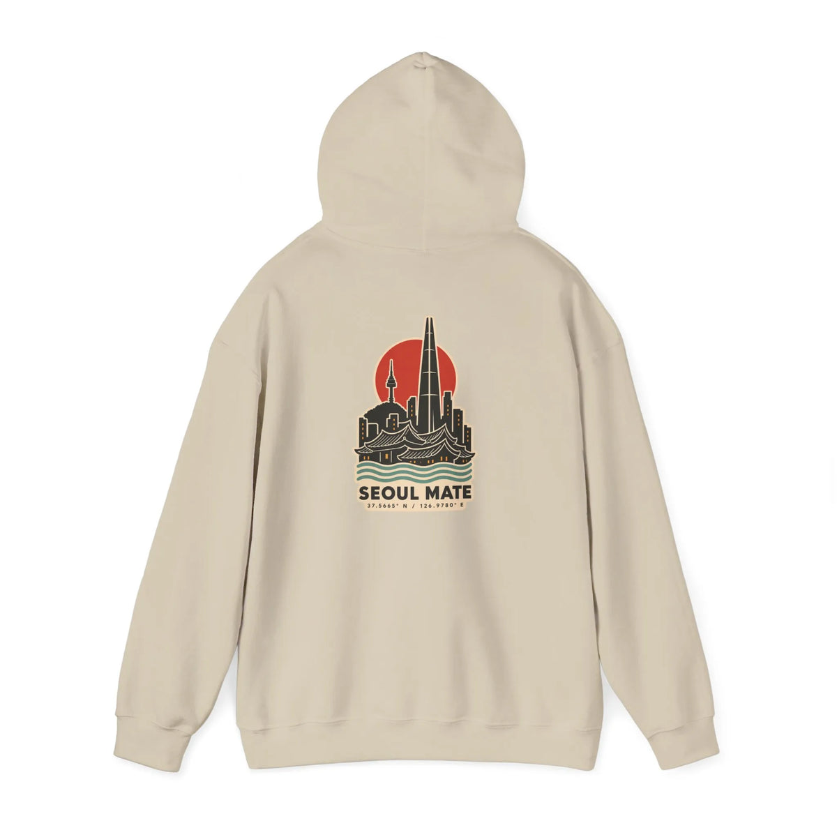 Beige hoodie with a Seoul skyline and coordinates print on the back