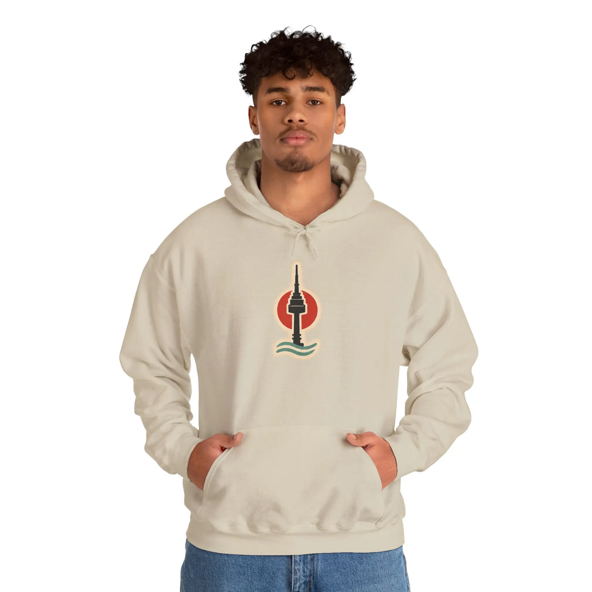 Man wearing a beige hoodie with a small Seoul print on the chest