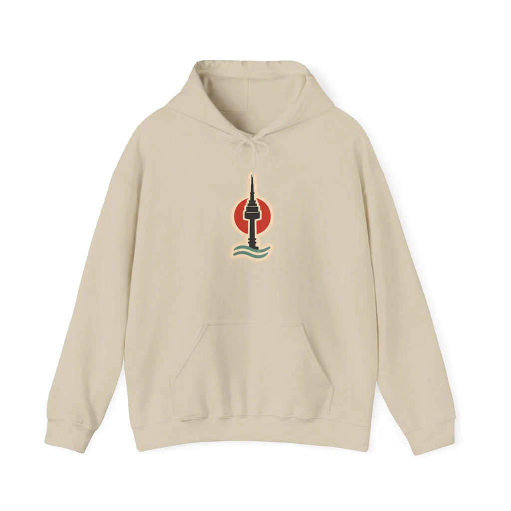 Front of a beige hoodie with a small Seoul print