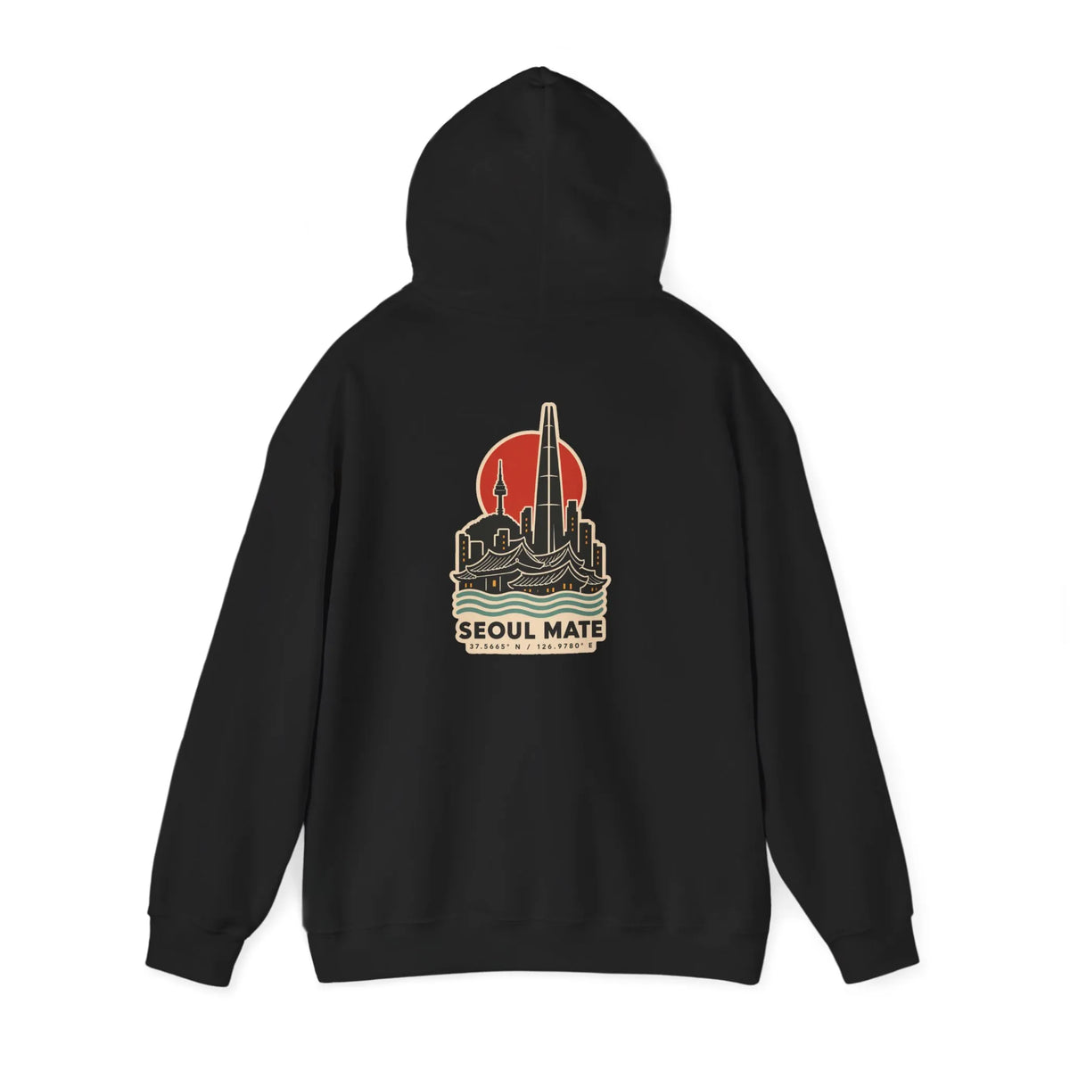 Black hoodie with a Seoul skyline and coordinates print on the back
