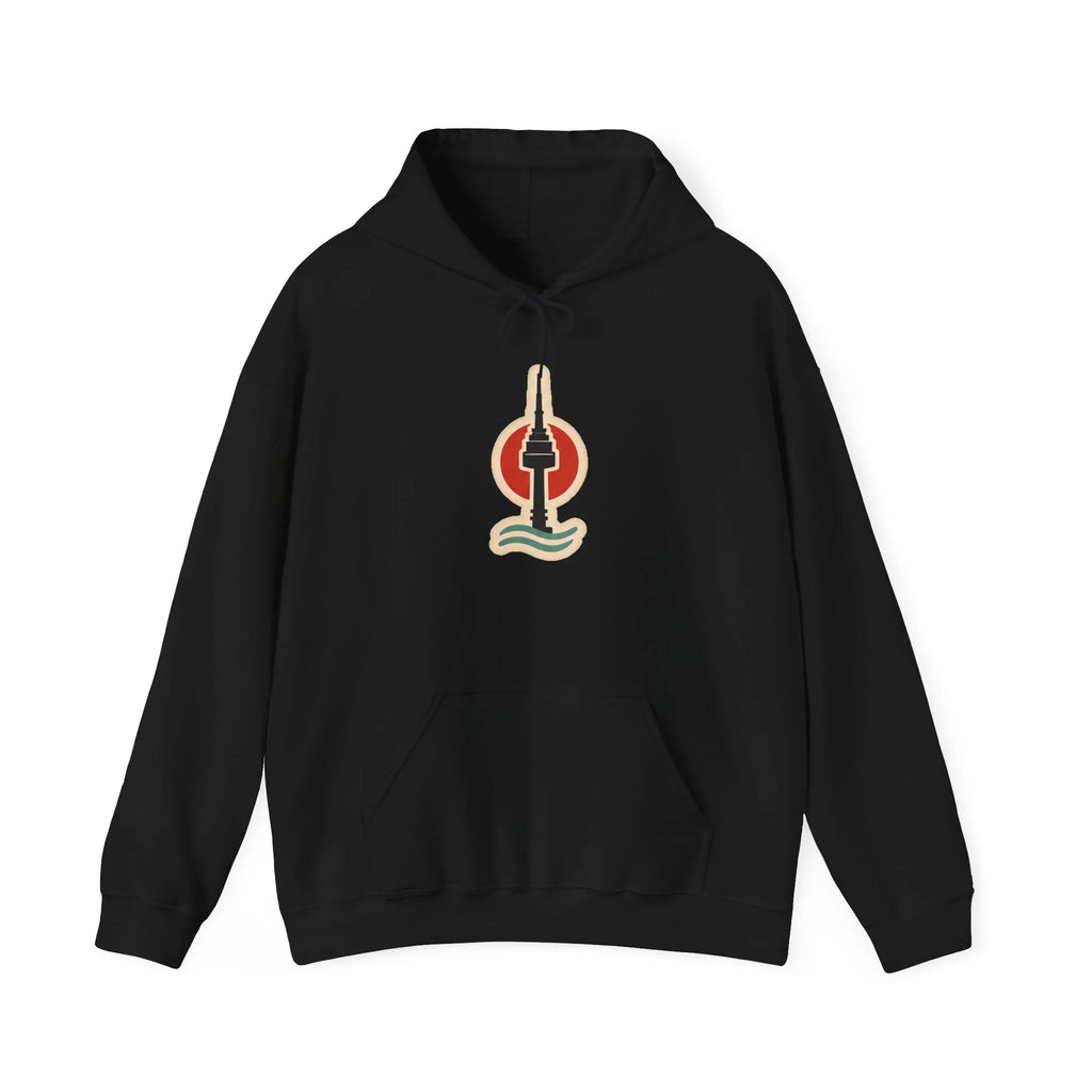 Front of a black hoodie with a small Seoul print and kangaroo pocket