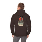Back view of a coffee brown hoodie with a Seoul skyline and coordinates print, worn by a man