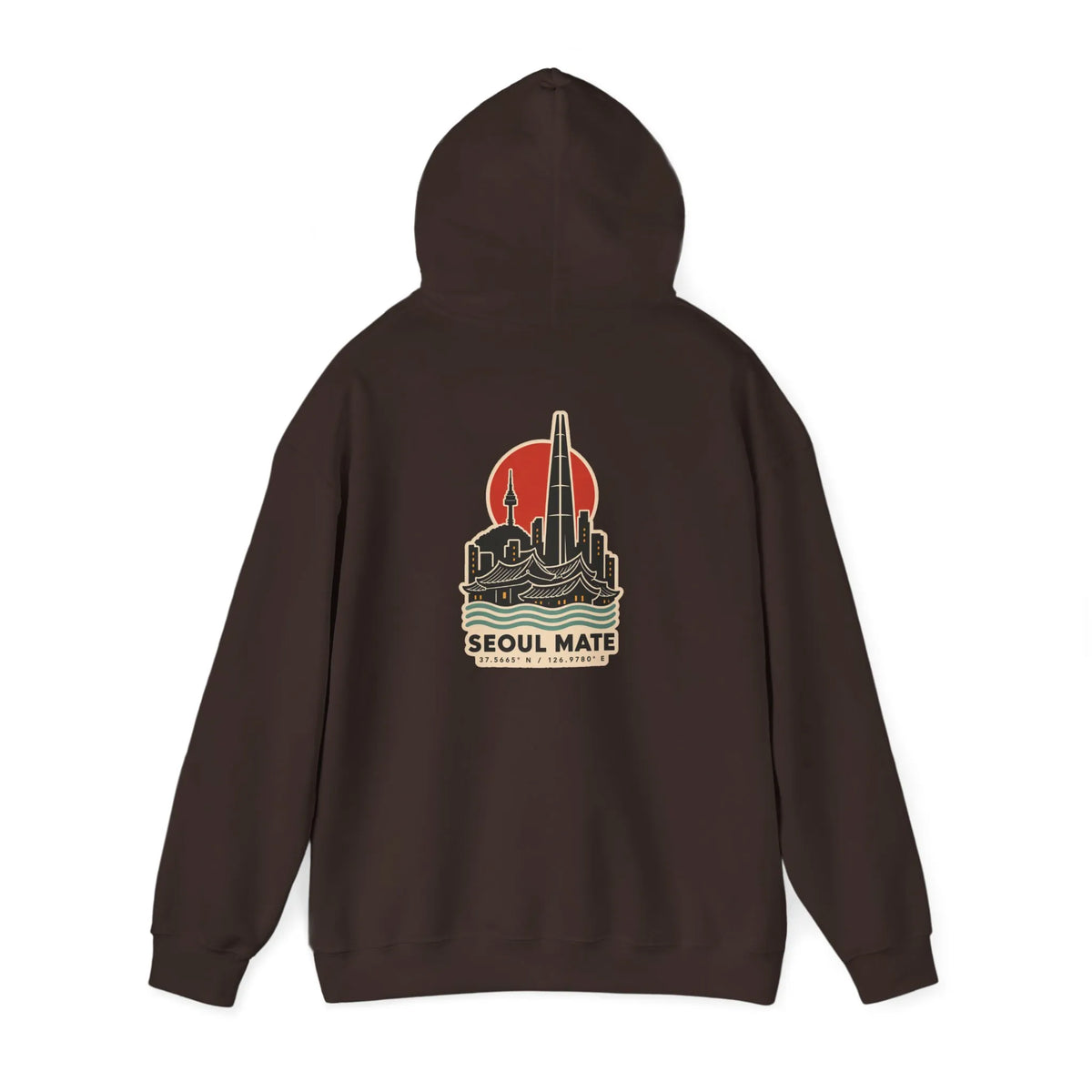 Coffee brown hoodie with a Seoul skyline and coordinates print on the back