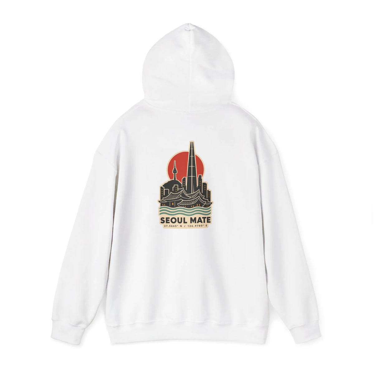 Off-white hoodie with a Seoul skyline and coordinates print on the back