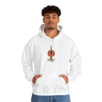 Man in an off-white hoodie with a small Seoul print on the chest