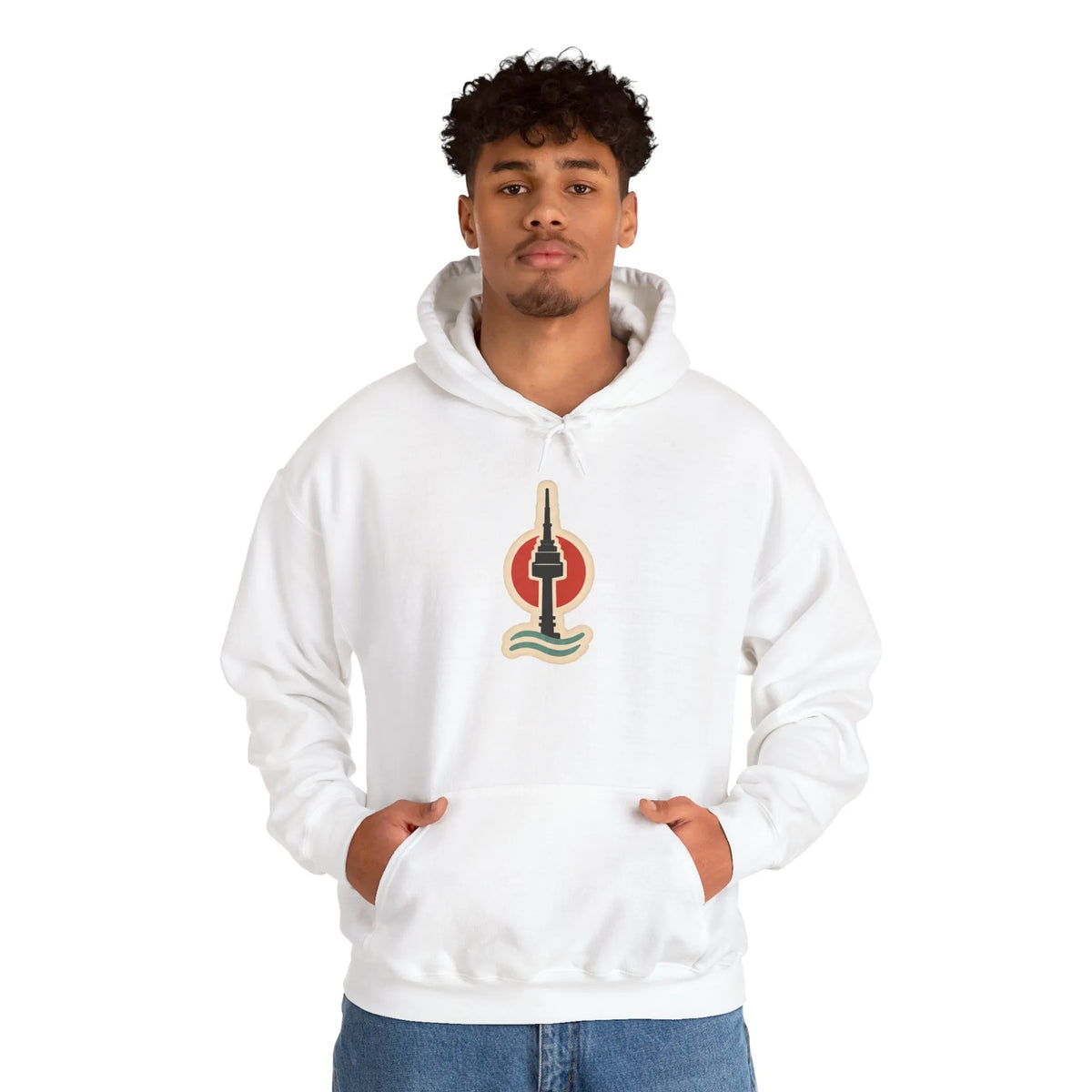 Man in an off-white hoodie with a small Seoul print on the chest