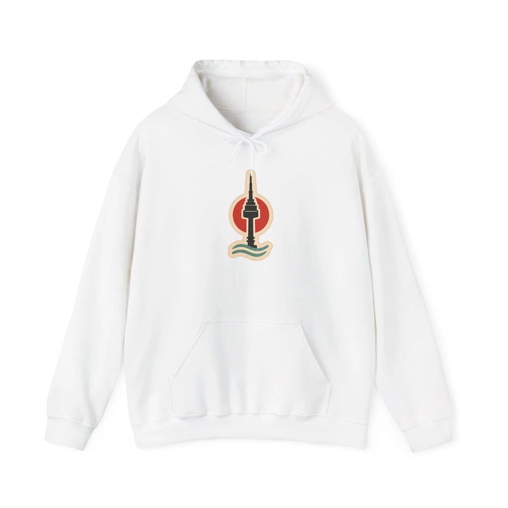 Front of an off-white hoodie with a small Seoul print