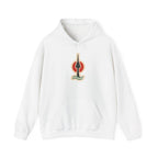 Front of an off-white hoodie with a small Seoul print