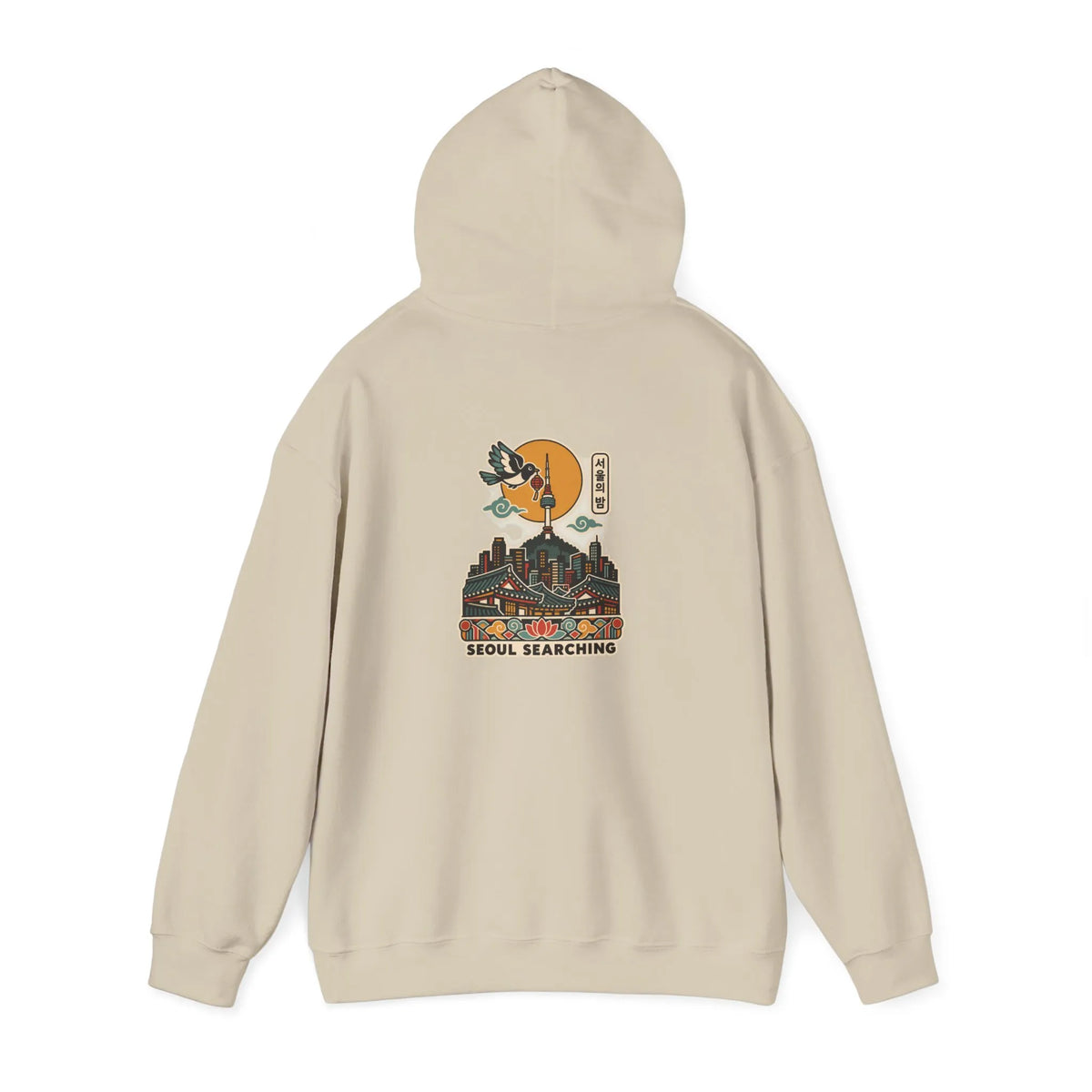 Beige hoodie with a Seoul night skyline print on the back