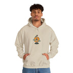 Man wearing a beige hoodie with a small N Seoul Tower print on the chest