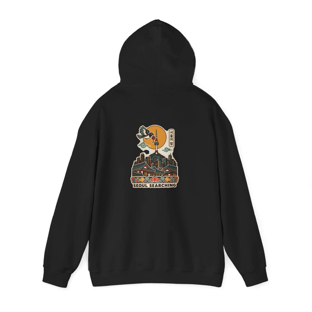 Black hoodie with a Seoul night skyline print on the back