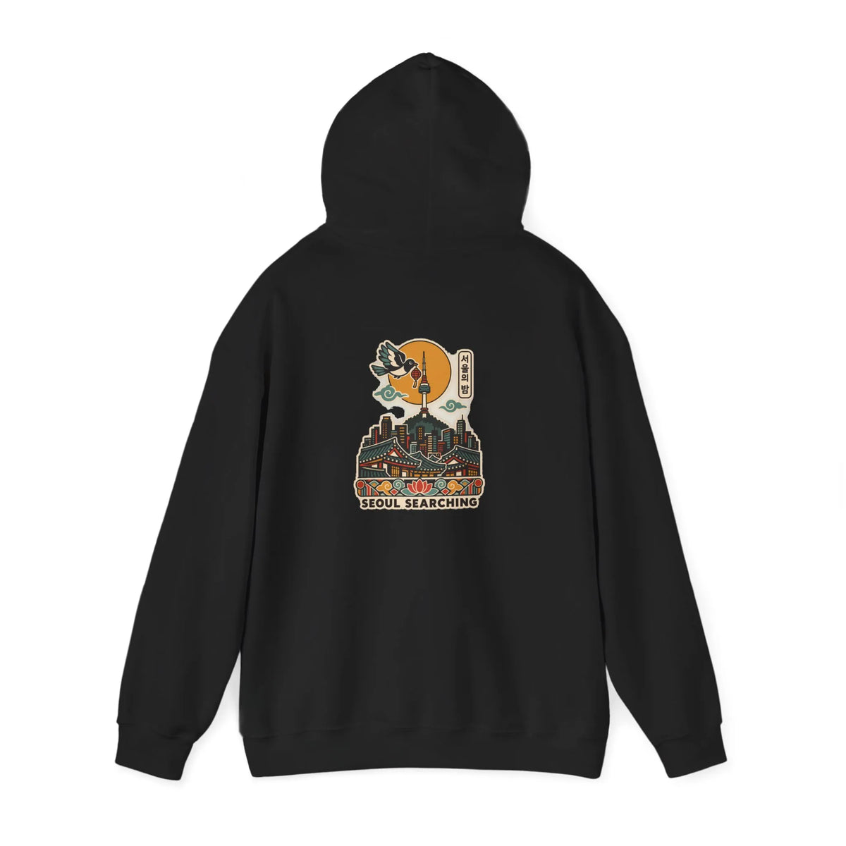 Black hoodie with a Seoul night skyline print on the back