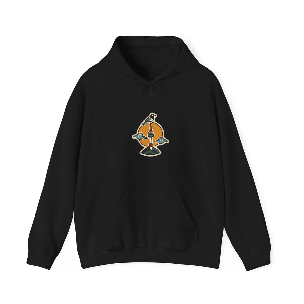 Front of a black hoodie with a small N Seoul Tower print and kangaroo pocket