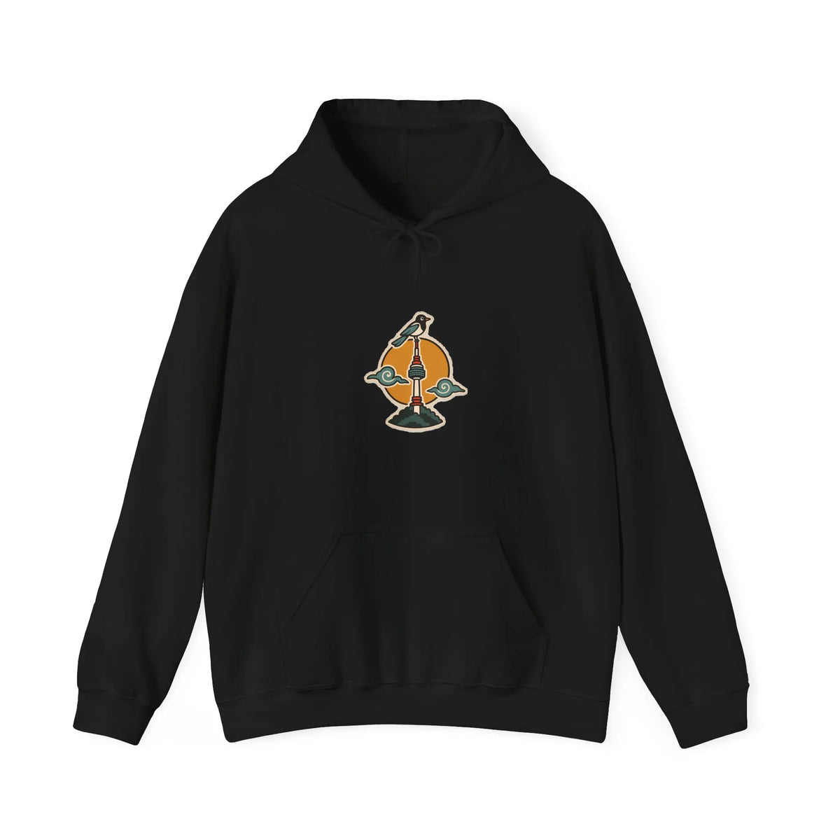 Front of a black hoodie with a small N Seoul Tower print and kangaroo pocket