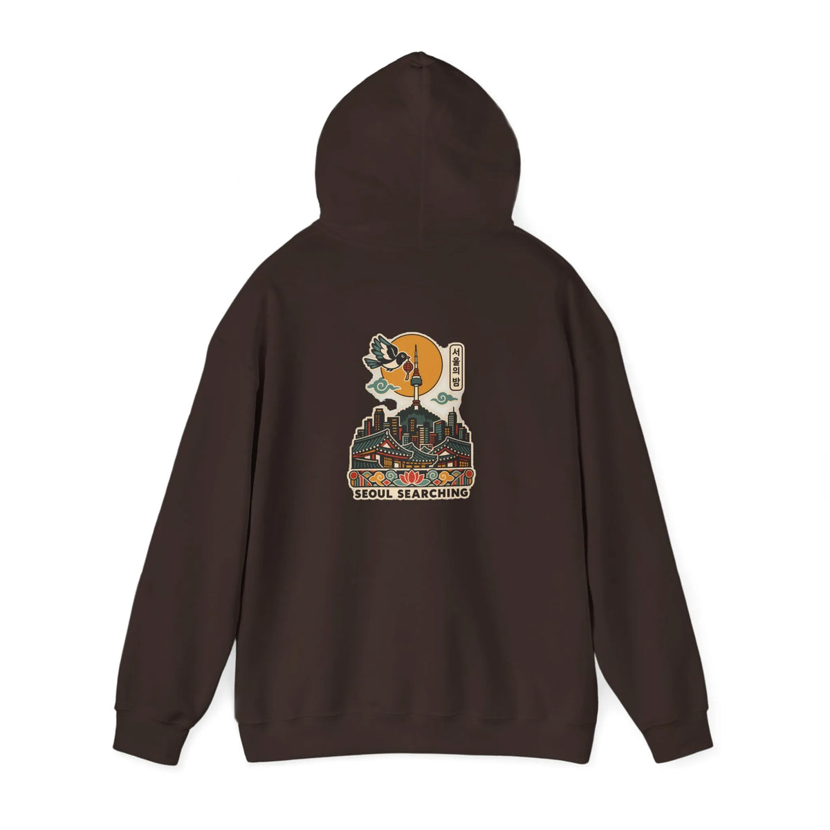 Coffee brown hoodie with a Seoul night skyline print on the back