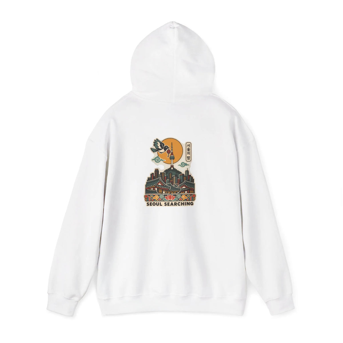 Off-white hoodie with a Seoul night skyline print on the back