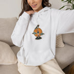 Woman relaxing on a sofa in an off-white hoodie with a small N Seoul Tower print