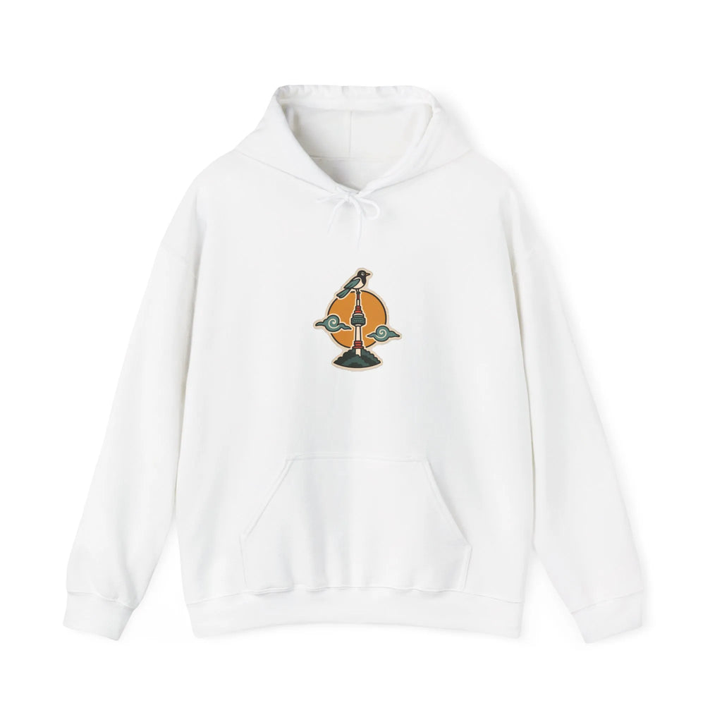 Front of an off-white hoodie with a small N Seoul Tower print